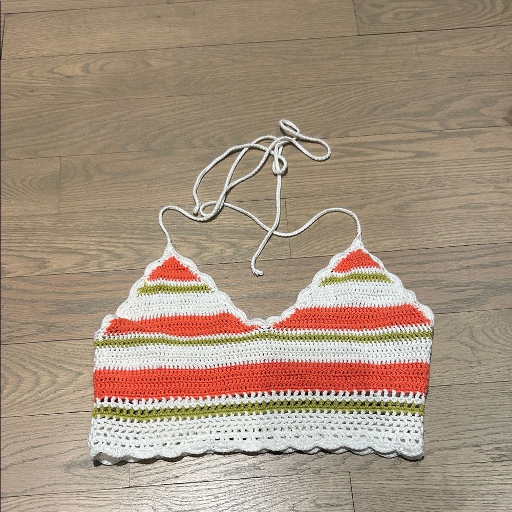 aerie Crochet Halter Crop Top in White, Coral & Olive